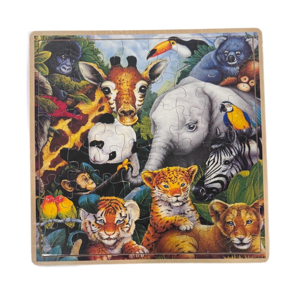 Jungle Friends Jigsaw Puzzle Animal Kids Wood 48 Pcs Masterpiece Fun Facts Board